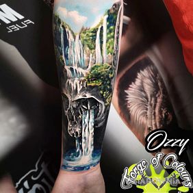 Tatuaż Czaszka w wodospadem na przedramieniu motyw: 3D styl: realistyczne