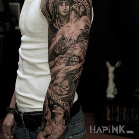 Tattoo Jesus Mary on the buttocks motif: religious style: realistic