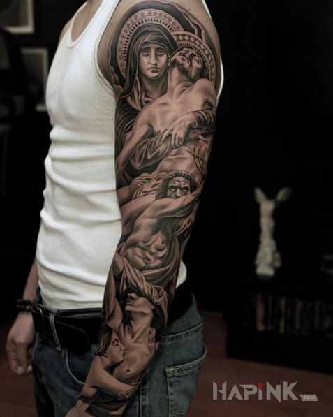 Tattoo Jezus Maria in black and gray motif and realistic style on the buttocks