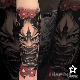 Tattoo Japhetics on the forearm motif: faces style: japanese / irezumi