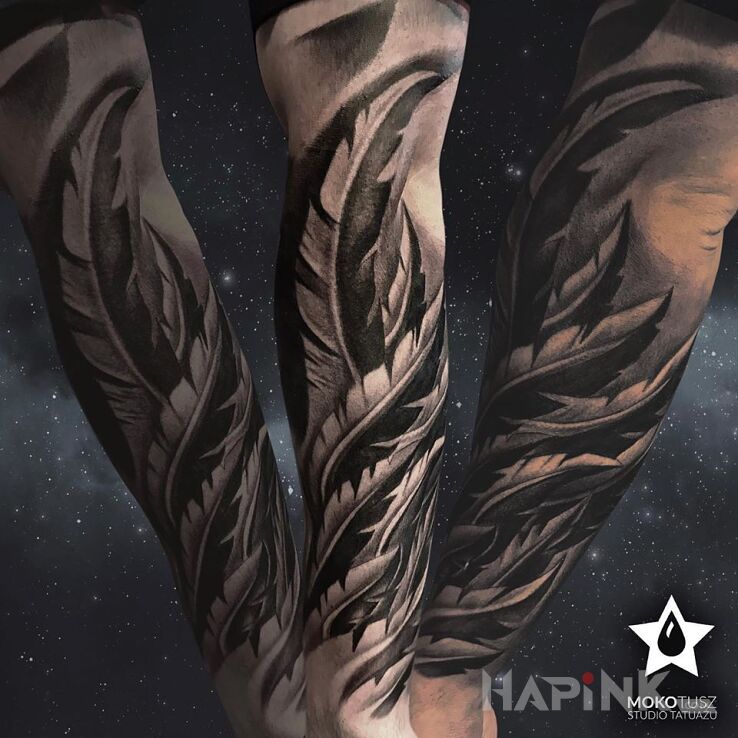 Tattoo Mokotusz doda Ci skrzydeł ;P in black and gray motif and realistic style on the forearm