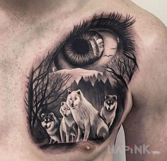Tattoo Familia wilków in animals motif and realistic style on the chest