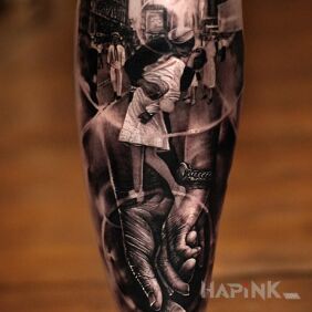 Tattoo Sailor and nurse on the calf motif: characters