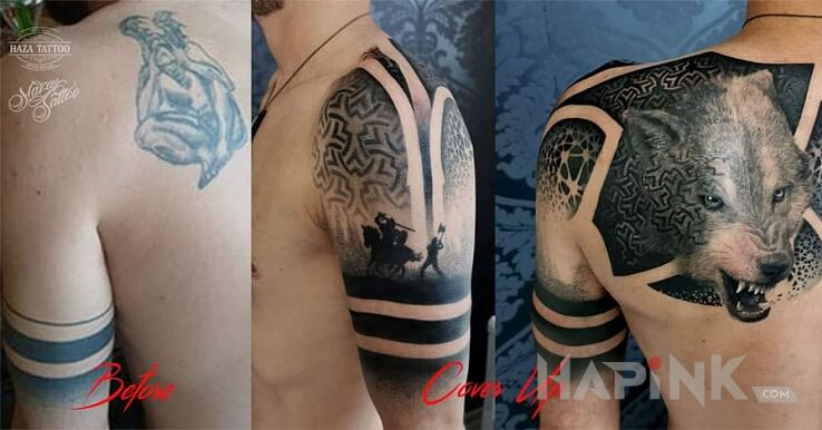 Tattoo Wilk in 3D motif and blackwork / blackout style on the shoulder blades