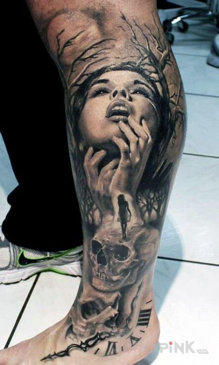 Tattoo Kobieta z czaszkami in black and gray motif and realistic style on the foot