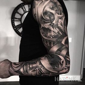 Tattoo Skull as a clock on the forearm motif: skulls style: realistic