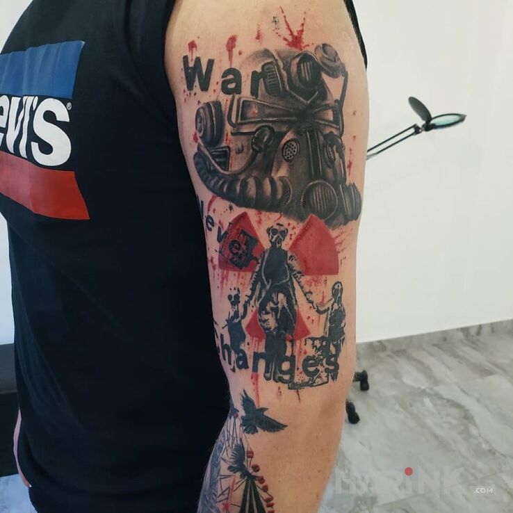 Tattoo Fallout trash polka in characters motif and trash polka style on the upper arm