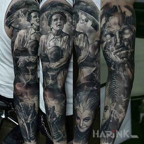 Tattoo Work inspired by the film on the forearm motif: black and gray style: realistic