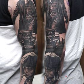 Tattoo Tommy Shelby on the forearm motif: faces style: realistic