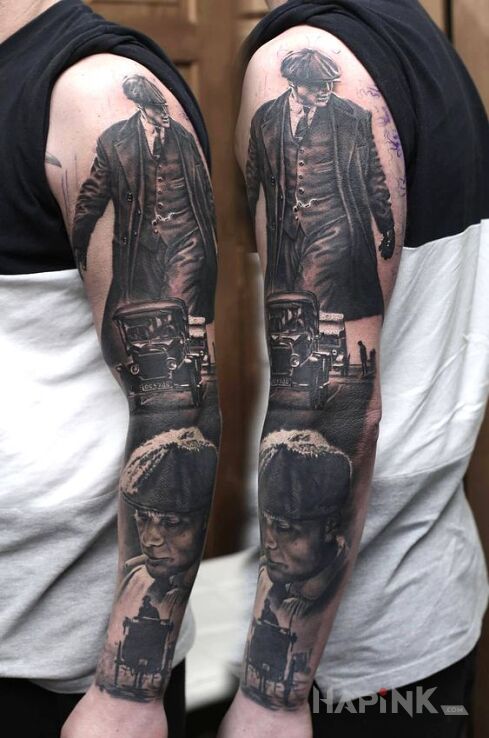 Tattoo Tommy Shelby in sleeves motif and realistic style on the forearm