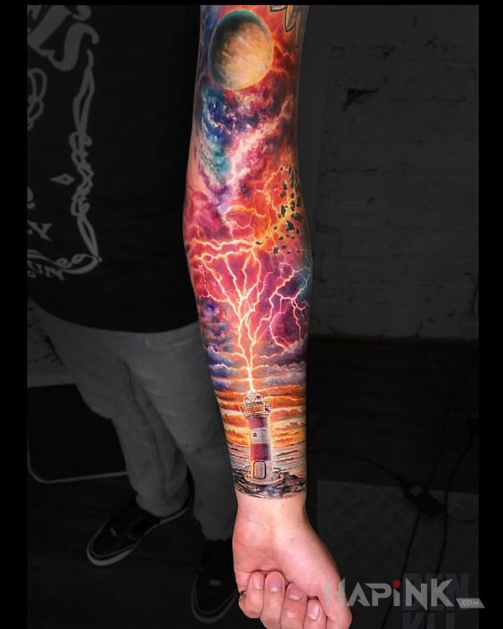 Tattoo Kolorowy kosmos in 3D motif and realistic style on the forearm