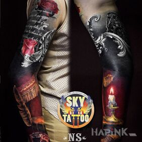 Tattoo Sleeve differently on the forearm motif: colorful style: realistic