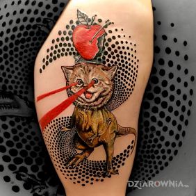 Tatuaż Kotozaur na nodze motyw: kolorowe styl: surrealistyczne