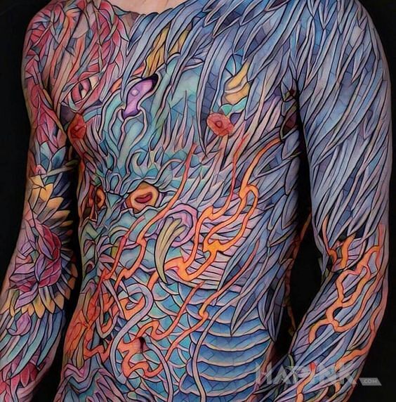 Tattoo Kolorowo na maksa in Stained glass motif and newschool style on the stomach