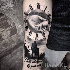 Tattoo Parent & Child on the forearm motif: black and gray style: graphic / illustrative