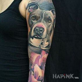 Tattoo Beautiful amstaff on the upper arm motif: sleeves style: realistic