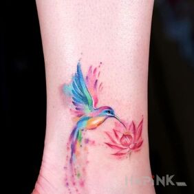 Tattoo Tiny hummingbird near the ankle motif: colorful style: Watercolor