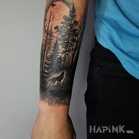Tattoo Forest on the forearm motif: black and gray style: graphic / illustrative