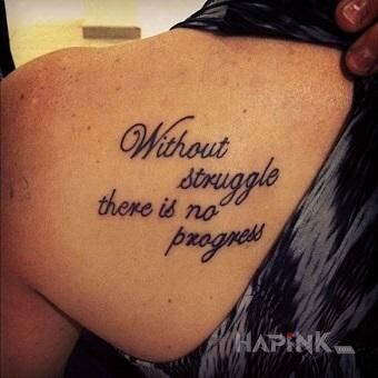 Tattoo Progres in lettering motif and calligraphy style on the shoulder blades