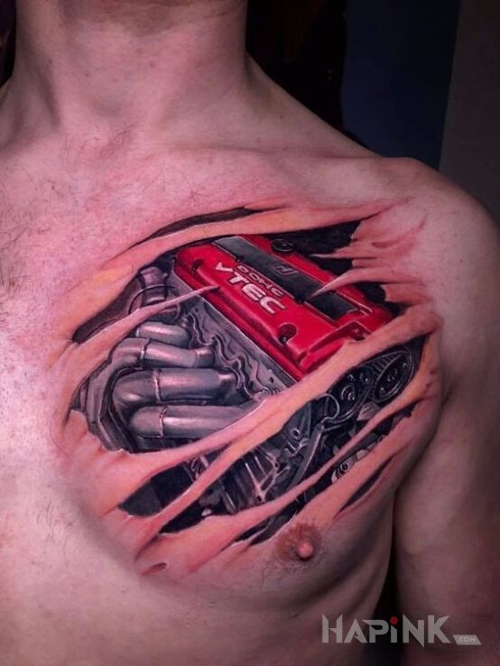 Tattoo VTEC silnik in ripped skin motif and realistic style on the chest