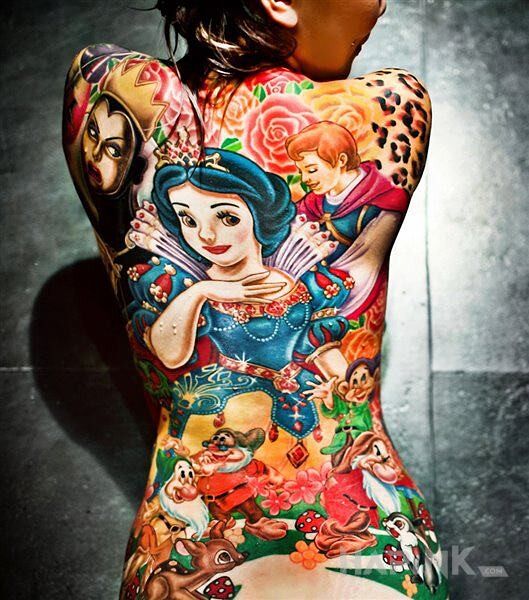 Tattoo Królewna Śnieżka in characters motif on the back