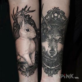 Tattoo The rabbit and the wolf on the forearm motif: animals style: graphic / illustrative