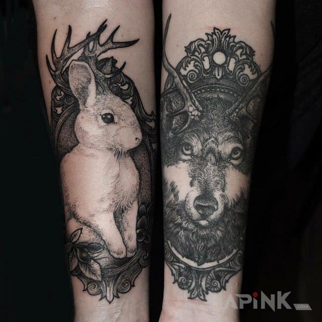 Tattoo Królik i wilk in animals motif and graphic / illustrative style on the forearm