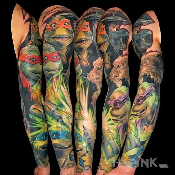 Tattoo Żółwie ninja :D in sleeves motif and realistic style on the forearm