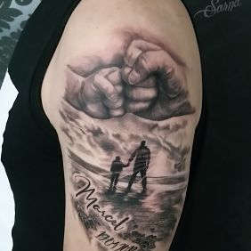 Tattoo Father and Son on the upper arm motif: characters style: realistic