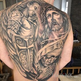 Tattoo My holy trinity on the shoulder blades motif: 3D style: realistic