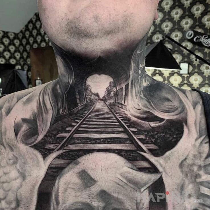Tattoo Tunel 3d in 3D motif and realistic style on the throat