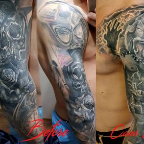 Tatuaż Cover Zeus na ramieniu motyw: czarno-szare styl: realistyczne