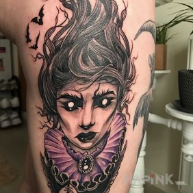 Tattoo Spooky beauty on the leg motif: characters style: graphic / illustrative