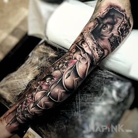 Tattoo Sparta on the offensive on the upper arm motif: colorful style: realistic