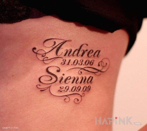 Tattoo Andrea x Sienna in lettering motif on the ribs