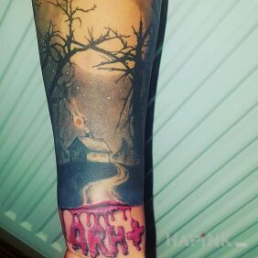 Tattoo Forest blood group on the forearm motif: black and gray style: graphic / illustrative