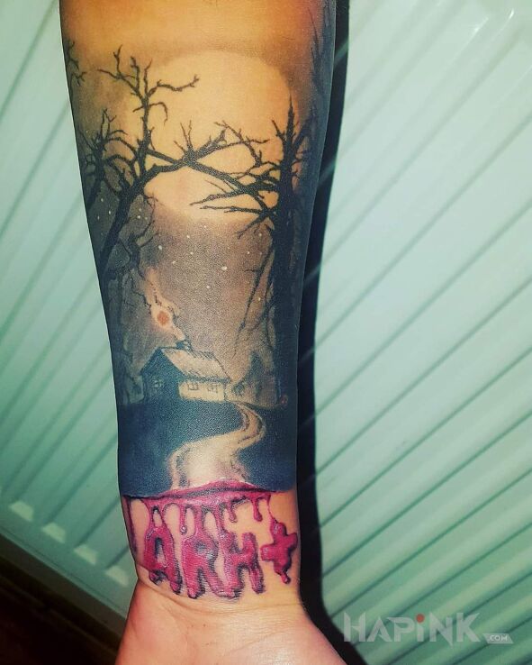 Tattoo Las grupa krwi in black and gray motif and graphic / illustrative style on the forearm