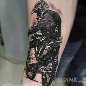 Tattoo Motorcycle/motorcyclist/biker on the forearm motif: motorization style: realistic