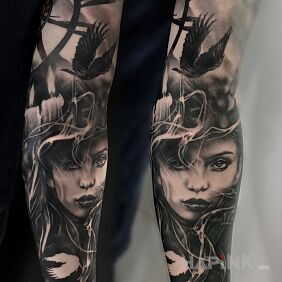 Tattoo Sleeve on the forearm motif: black and gray style: realistic