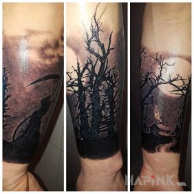 Tattoo Dark forest on the forearm motif: black and gray style: graphic / illustrative