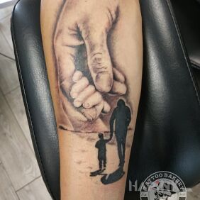 Tattoo Father and son on the forearm motif: 3D style: realistic