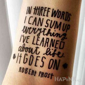 Tattoo Three short words on the forearm motif: lettering style: calligraphy