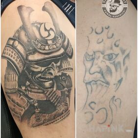 Tattoo Samurai on the upper arm motif: cover-up style: realistic