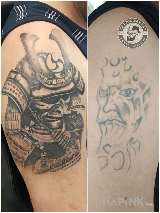 Tattoo Samuraj in black and gray motif and realistic style on the upper arm