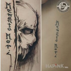 Tattoo Skull on the ribs motif: lettering style: sketch