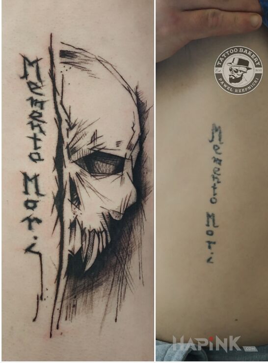 Tattoo Czaszka in lettering motif and sketch style on the ribs