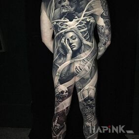 Tattoo Monumental tattoo on the calf motif: skulls style: realistic