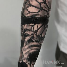 Tattoo Mysterious woman on the forearm motif: 3D style: realistic