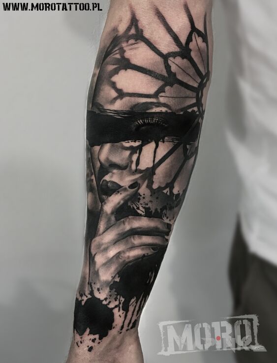 Tattoo Tajemnicza kobieta in faces motif and realistic style on the forearm