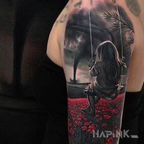 Tattoo A girl among red poppies on the upper arm motif: characters style: realistic